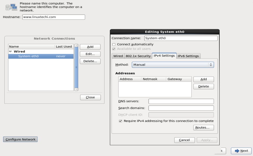 hostname and network configuration during centos installation