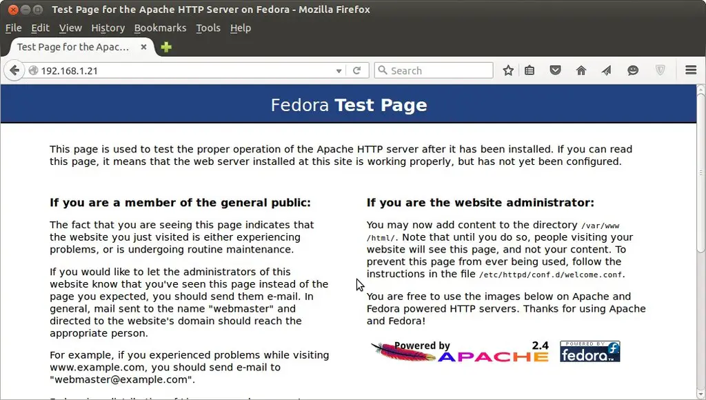 Test-Page-Apache-HTTP-Server-Fedora23