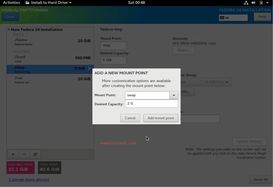Create swap partition fedora 24 workstation