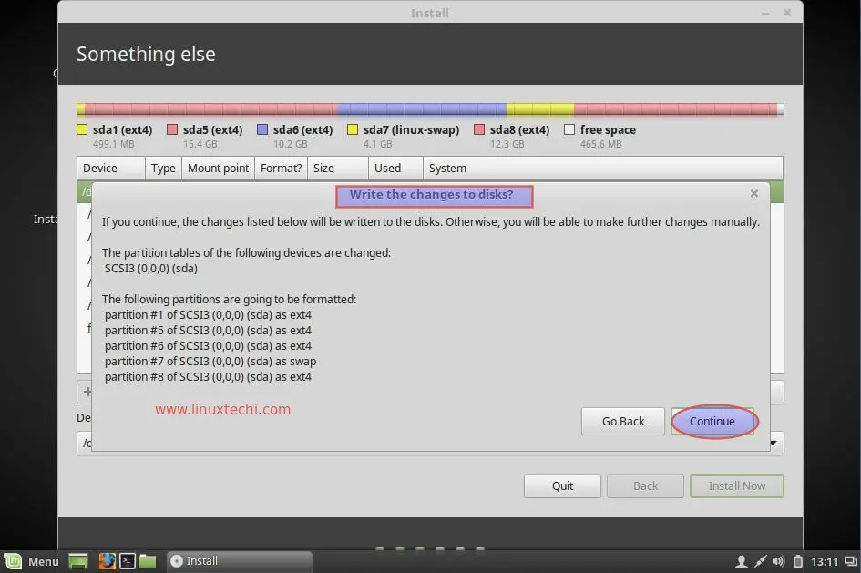 Click-continue-accept-changes-to disk-linuxmin18