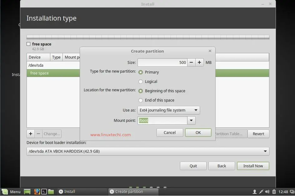 create-boot-partition-during-linuxmint18-installation