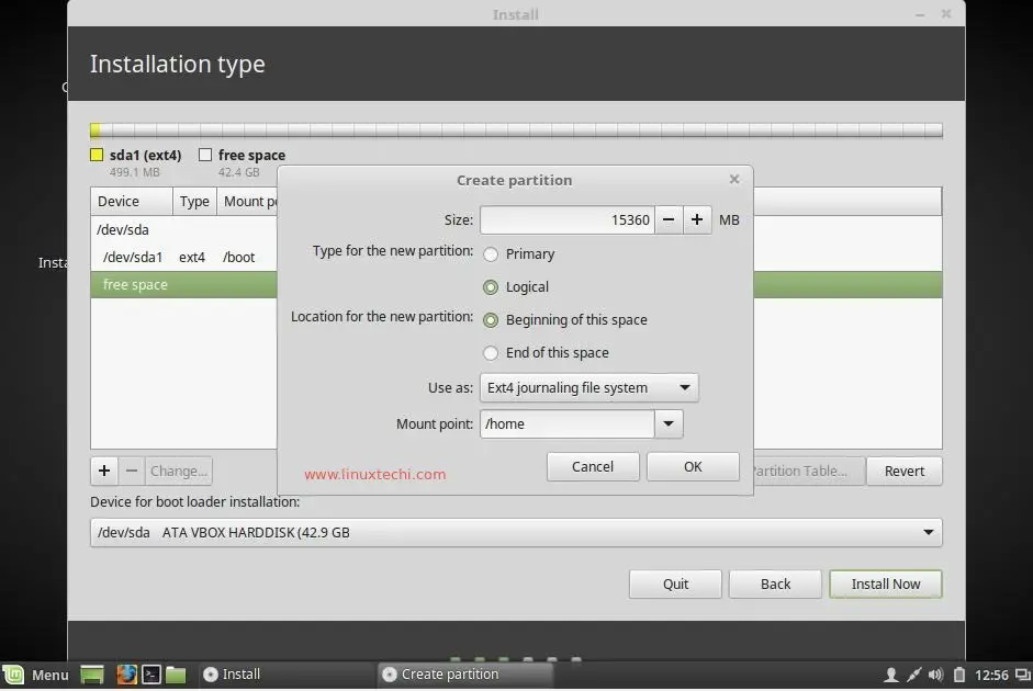create-home-partition-during-linuxmint18-installation
