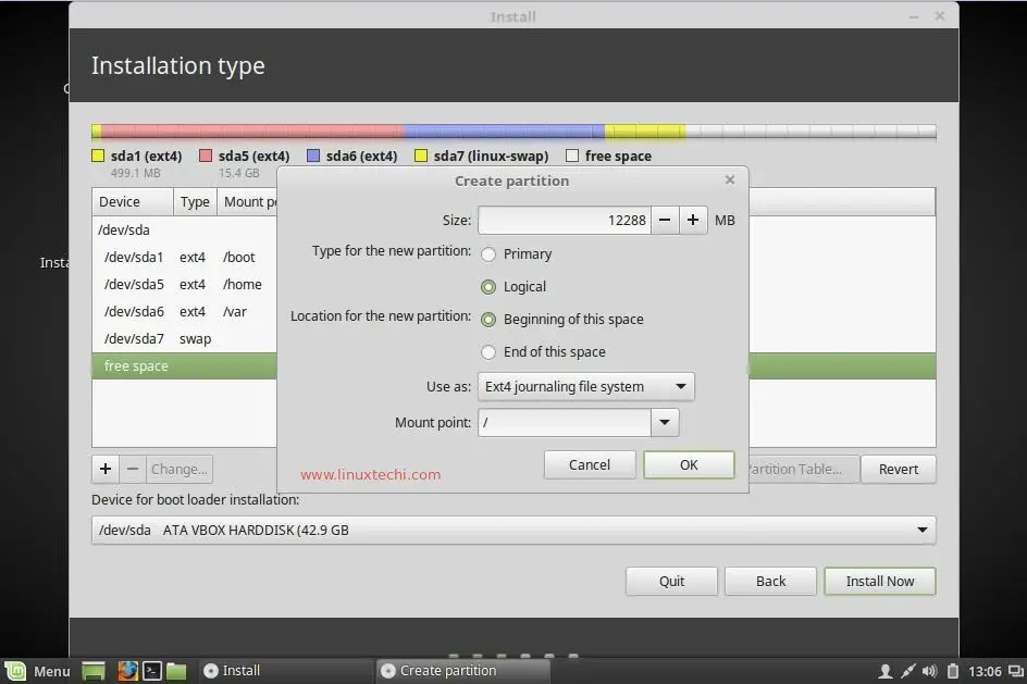 create-slash-partition-during-linuxmint18-installation