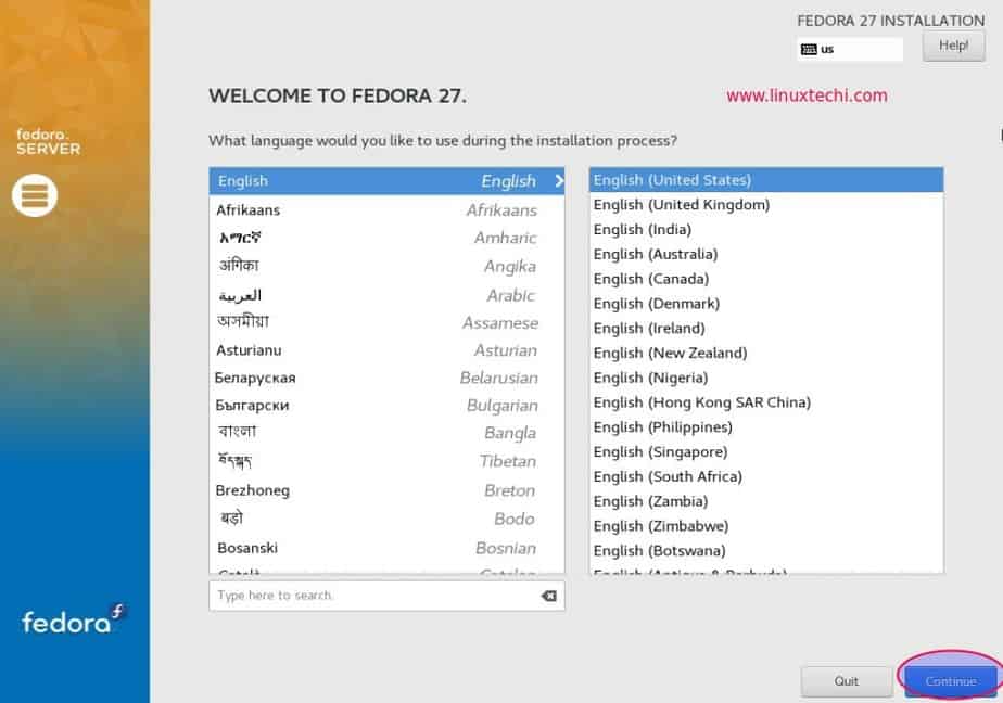 Fedora27-Server-Installation-Language-Selection