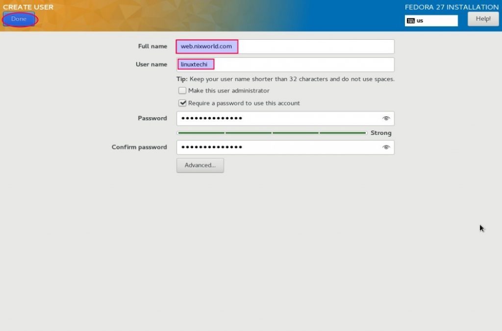 Fedora27-Server-User-hostname-during-installation