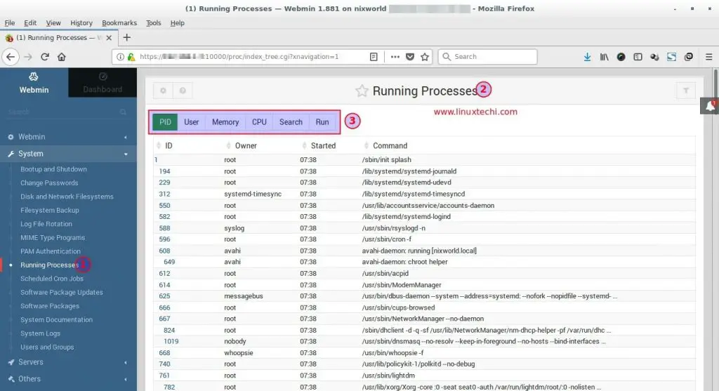 Running Processes-Webmin-Dashboard