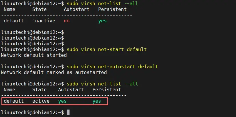Start Default Virsh Net KVM Debian 12