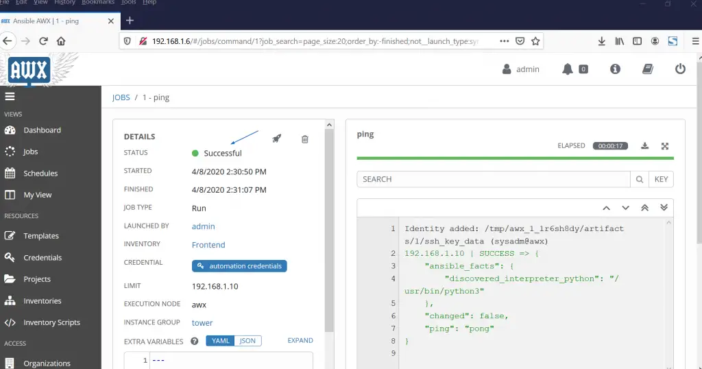 Ansible-AWX-ping-module-Success