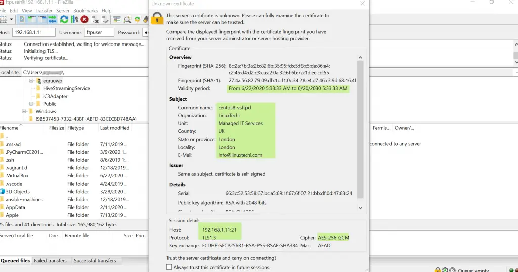 SSL-Certs-vsftpd-filezilla