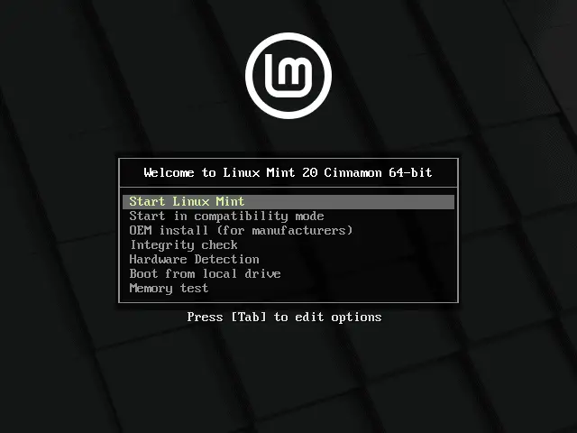 Start-LinuxMint20-Installation-Option