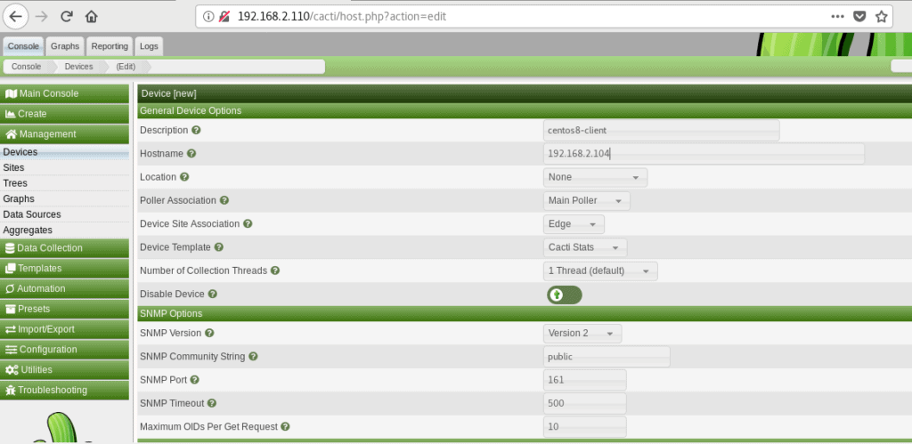 Create-device-remote-centos8-cacti-tool