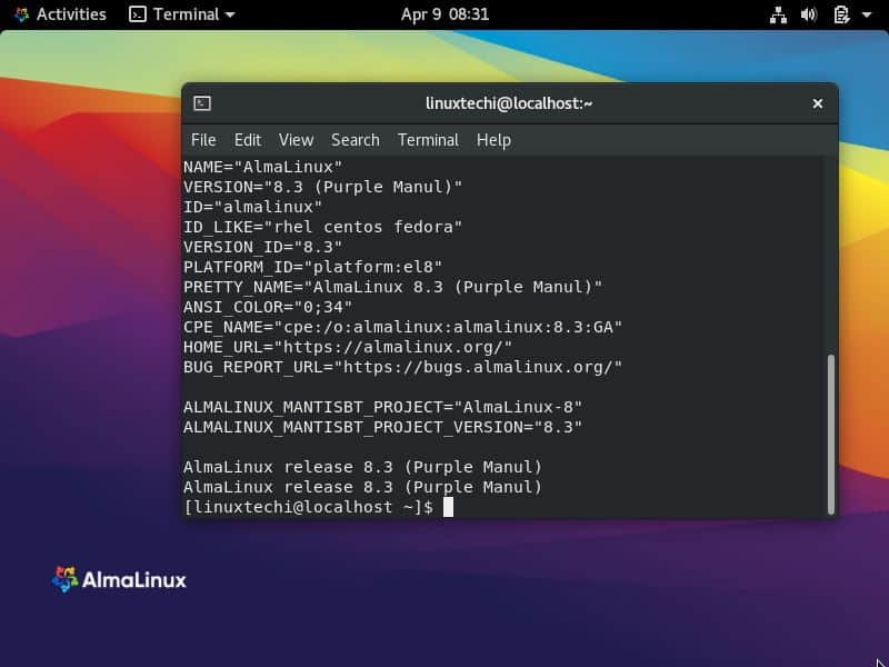 AlmaLinux8-Dashboard-After-Installation
