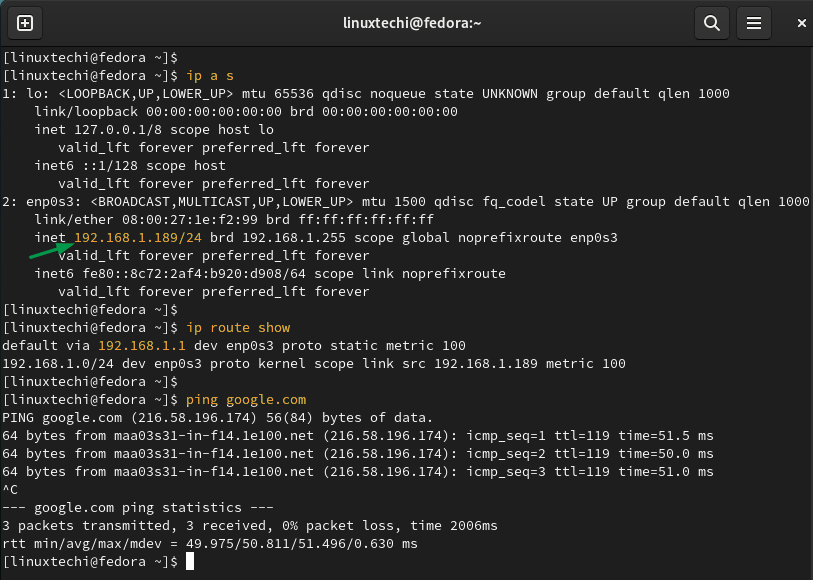 Verift-Static-IP-Address-Fedora-Linux