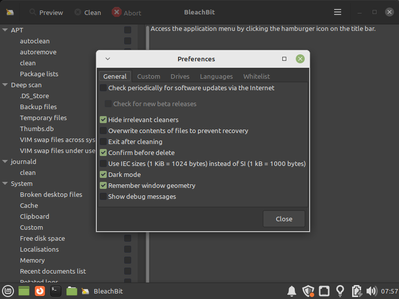 BleachBit-Preferences-LinuxMint21