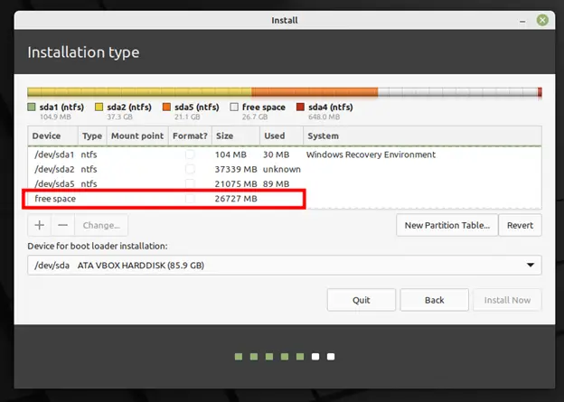 Free-Space-location-for-linuxmint21-installation