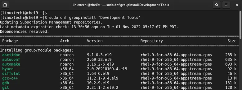 Install-development-tools-rhel9-dnf-command