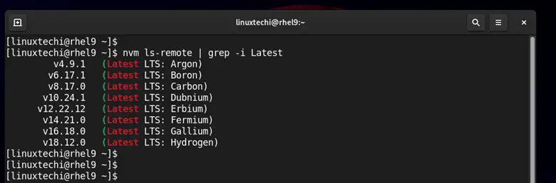 list-latest-nodejs-using-nvm-command-rhel9