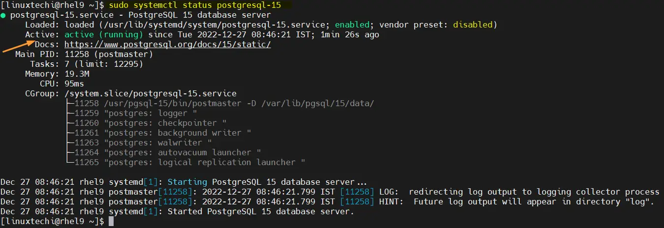 PostgreSQL15-Service-Status-RHEL9