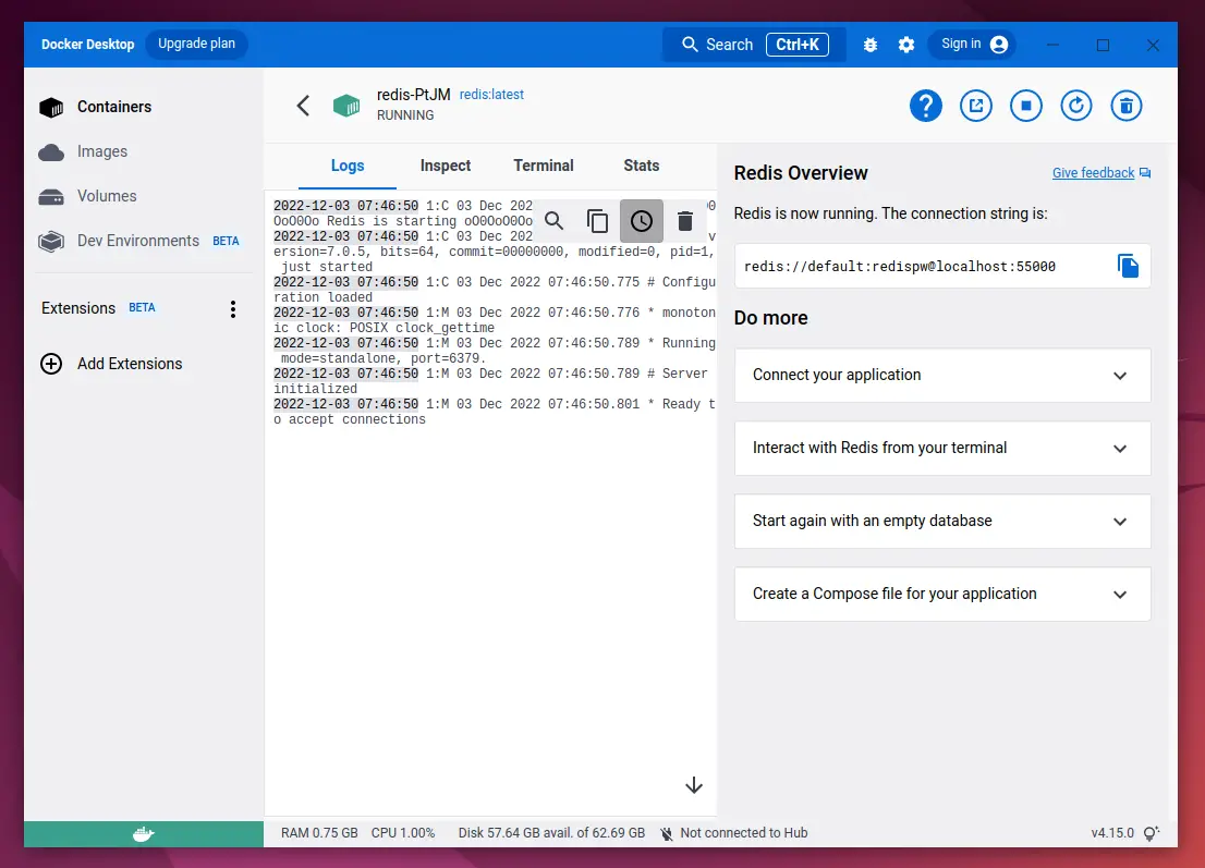 Redis-container-running-logs-docker-desktop
