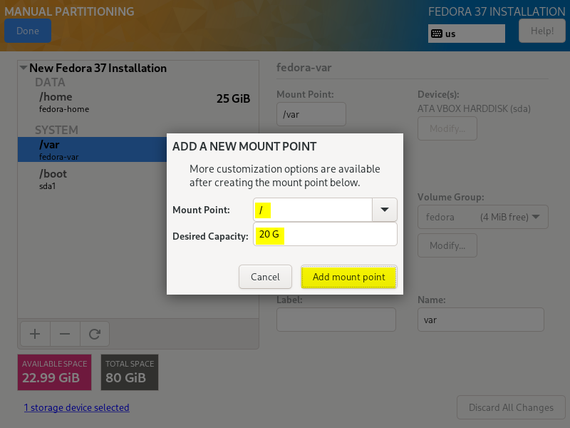 Slash-Root-Partition-for-Fedora-Server-37-Installation