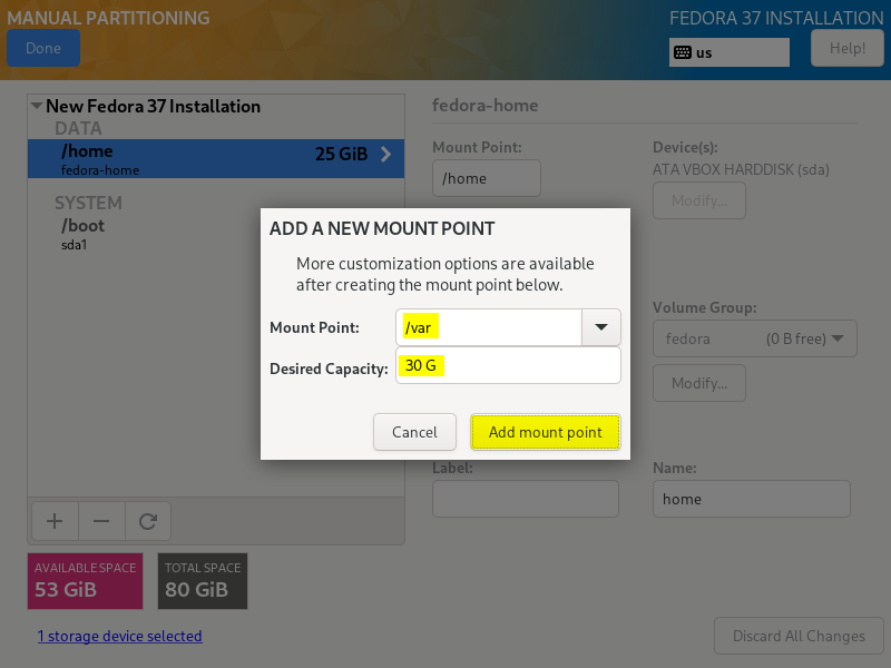 Var-Partition-Fedora-Server-37-Installation