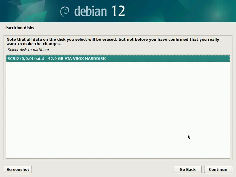 Choose-Disk-Click-Continue-Debian12