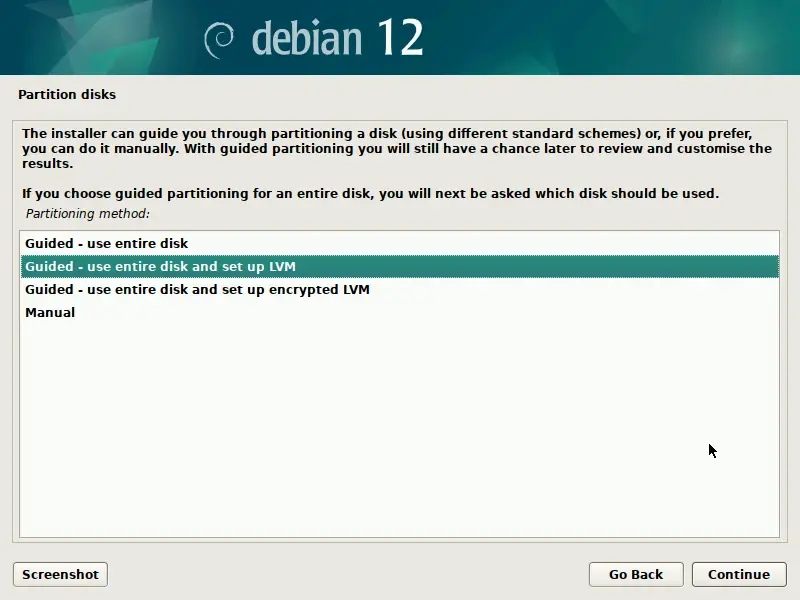 Use-Entire-Disk-Setrup-LVM-Debian12-Installation