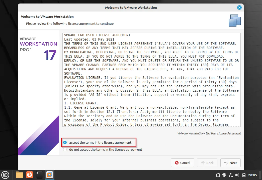 Accept-Terms-License-Agreement-VMware-Workstation-LinuxMint21