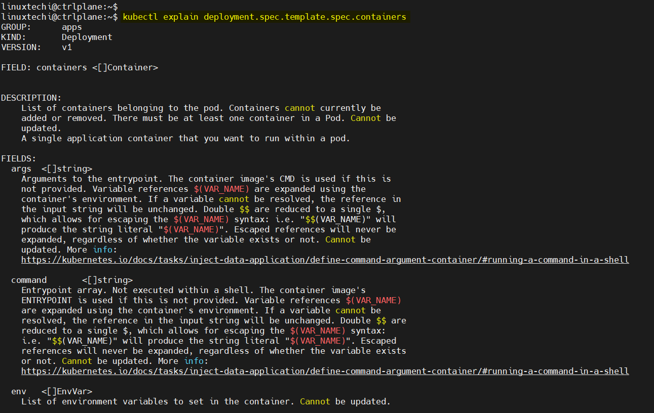Kubectl Explain deployment Spec Container