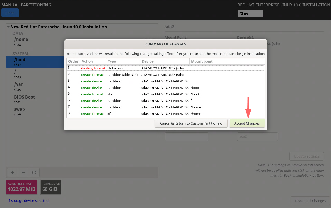 Accept Disk Changes For RHEL 10 Installation