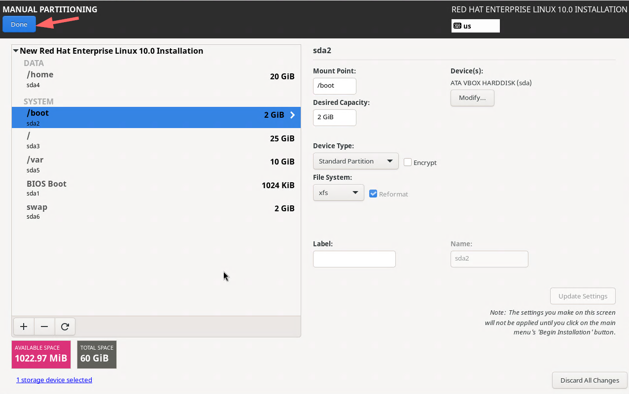 Choose Done From Manual Partitioning Screen