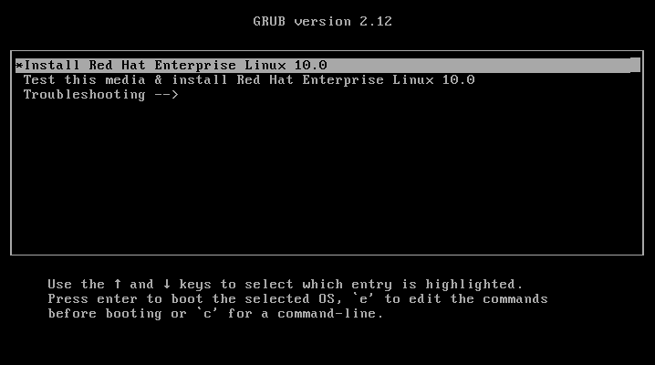 Choose Install Red Hat Enterprise Linux 10.0