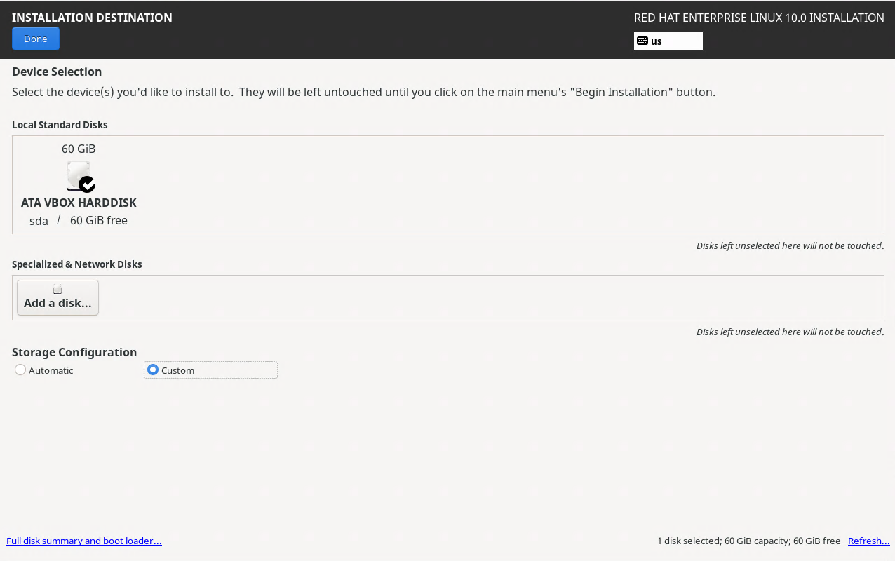 Custom Storage Configuration RHEL 10 Installation