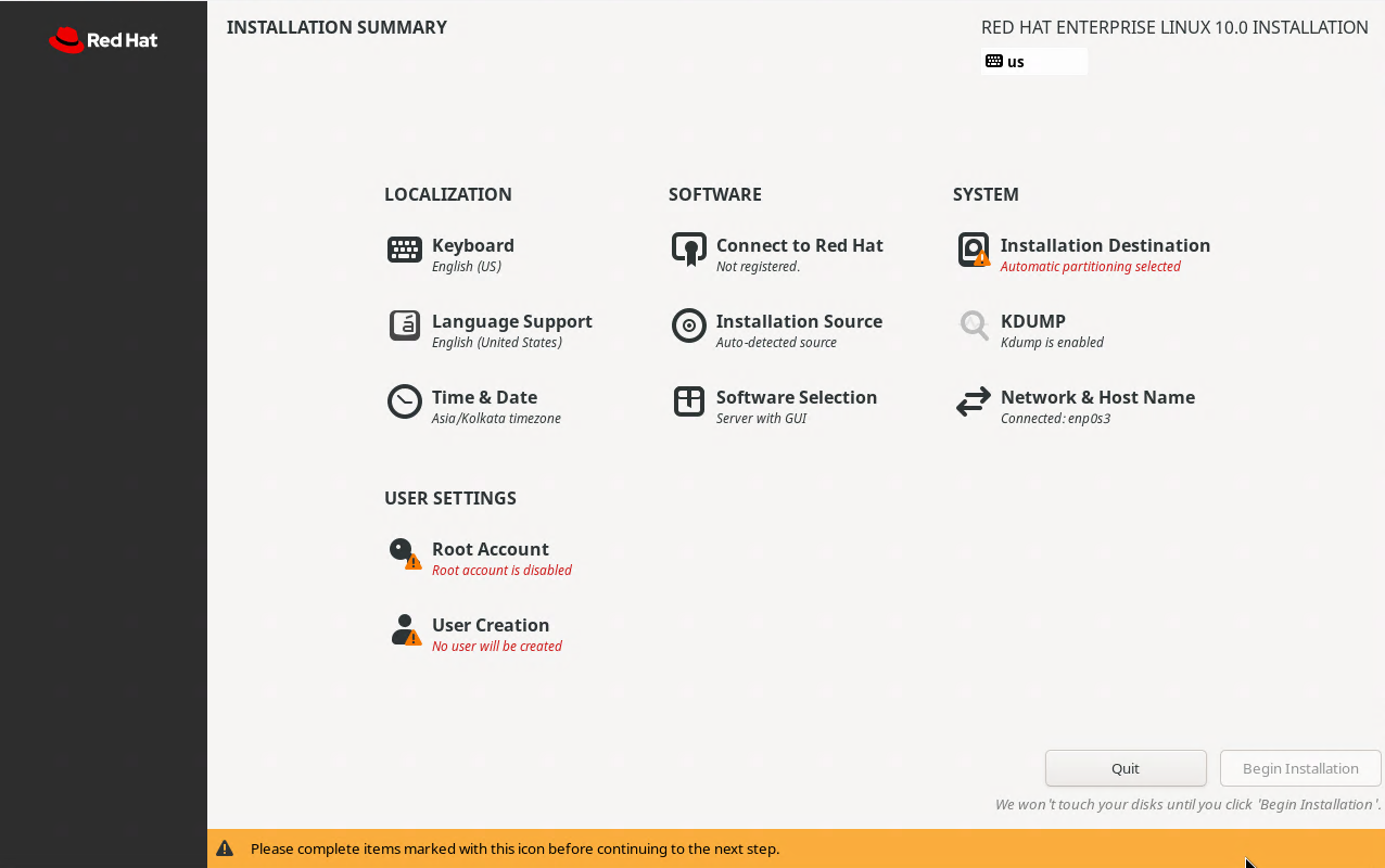 Installation Summary Screen RHEL10