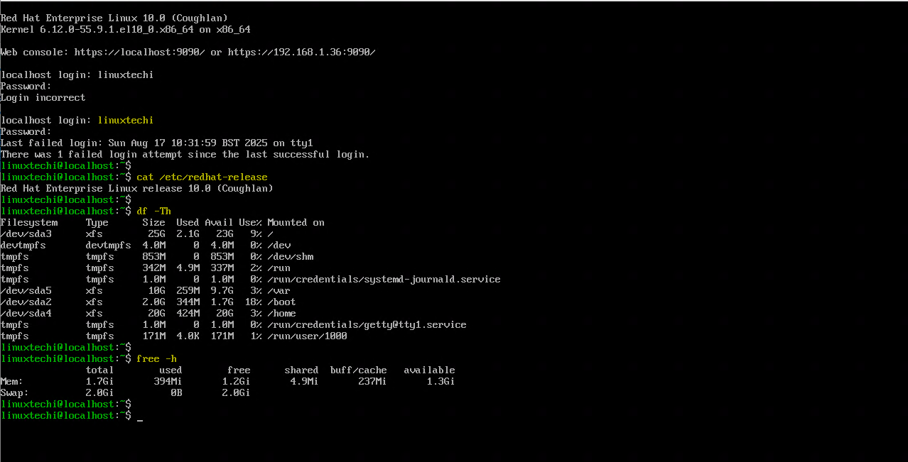 RHEL 10 Server Login screen Post Installation
