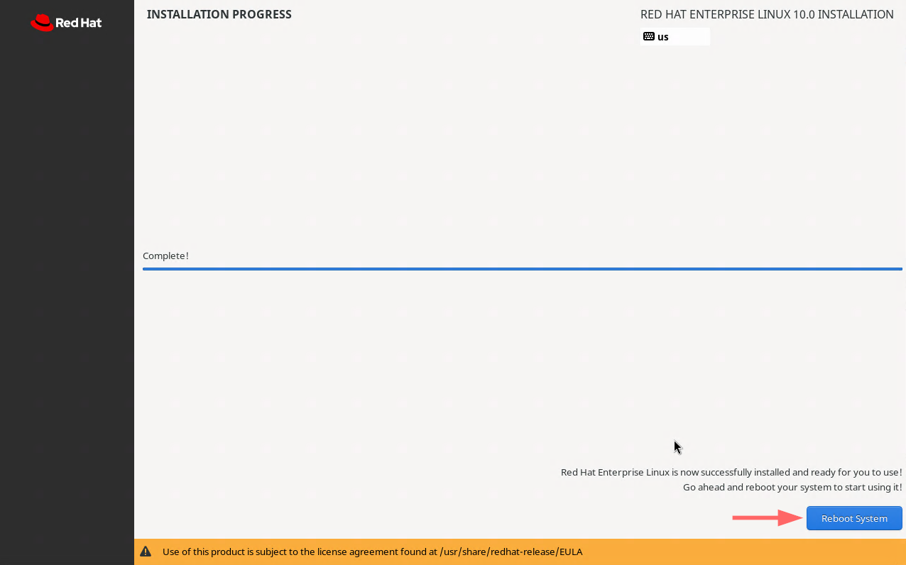 Reboot System After RHEL 10 Installation