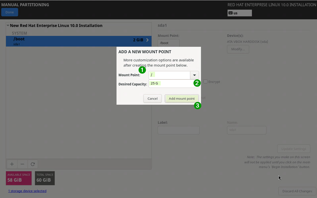 Slash Root Partition RHEL 10 Installation