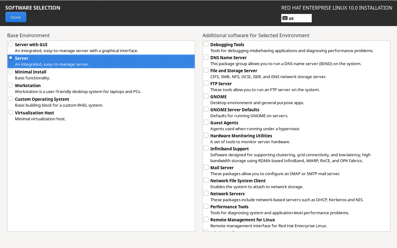 Software Selection During RHEL 10 Installation