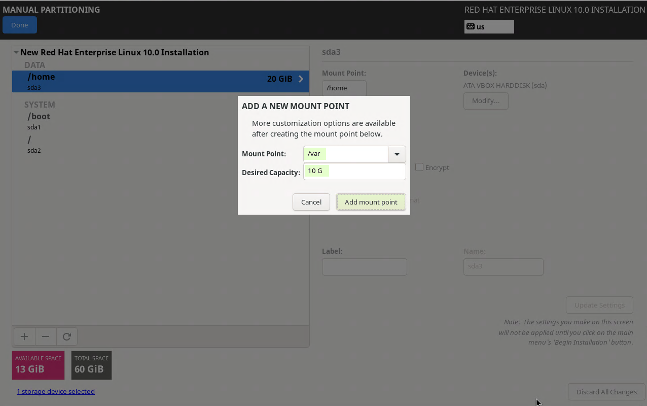 Var Partition for RHEL 10 Installation